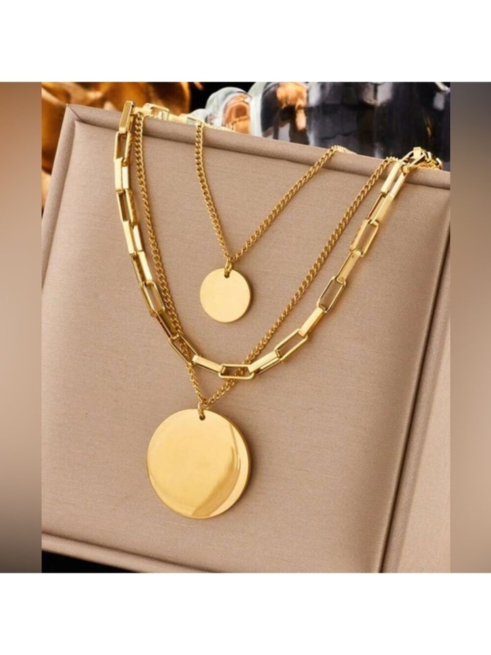 Gold Plated Stainless Steel 1pc Double Pendant Layered Necklace